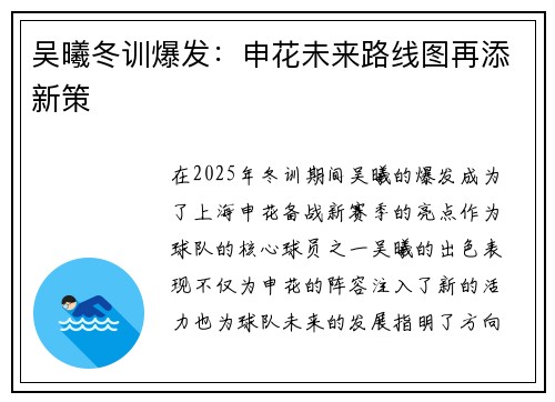 吴曦冬训爆发：申花未来路线图再添新策